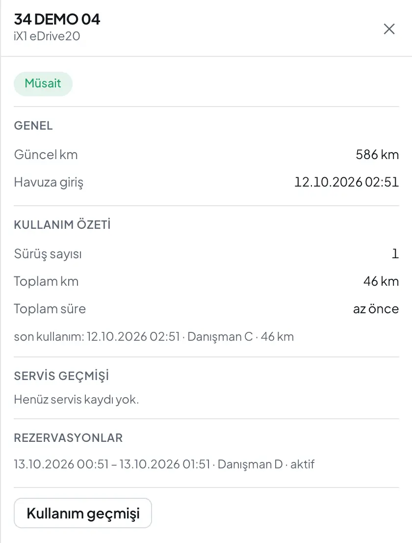 Test otomobili detayı: durum, güncel km, kullanım özeti (sürüş sayısı, toplam km), servis geçmişi ve rezervasyonlar (sentetik demo verisi)